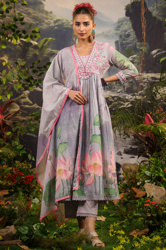 Lavender Mulmul Cotton Anarkali Set