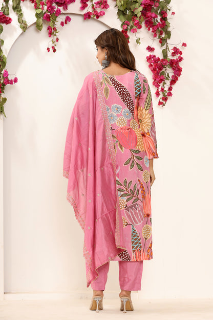 Pink Printed Muslin Suit Set