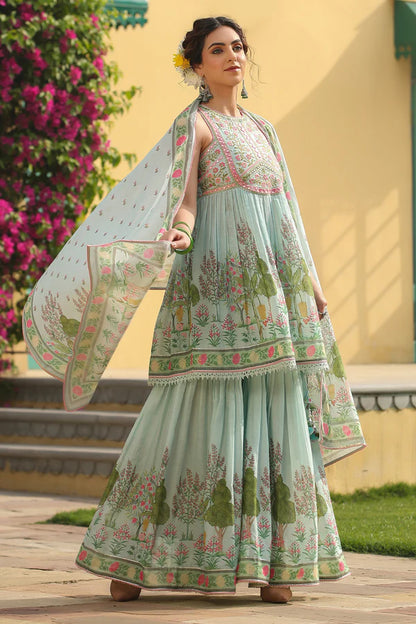 Soft Green Mulmul Sharara Set