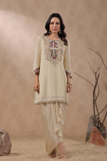 Cream Chinon Kurta with Dhoti Skirt Set