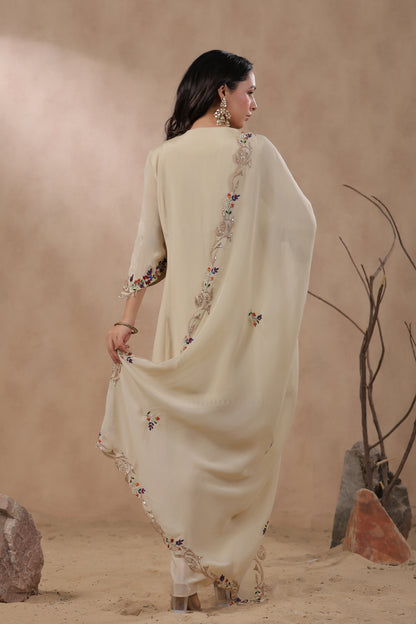 Cream Chinon Kurta with Dhoti Skirt Set