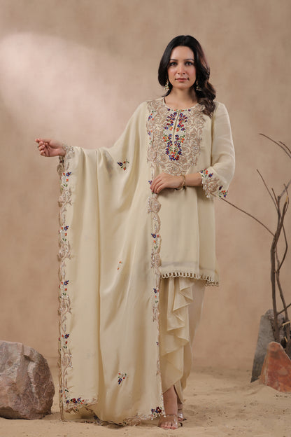 Cream Chinon Kurta with Dhoti Skirt Set