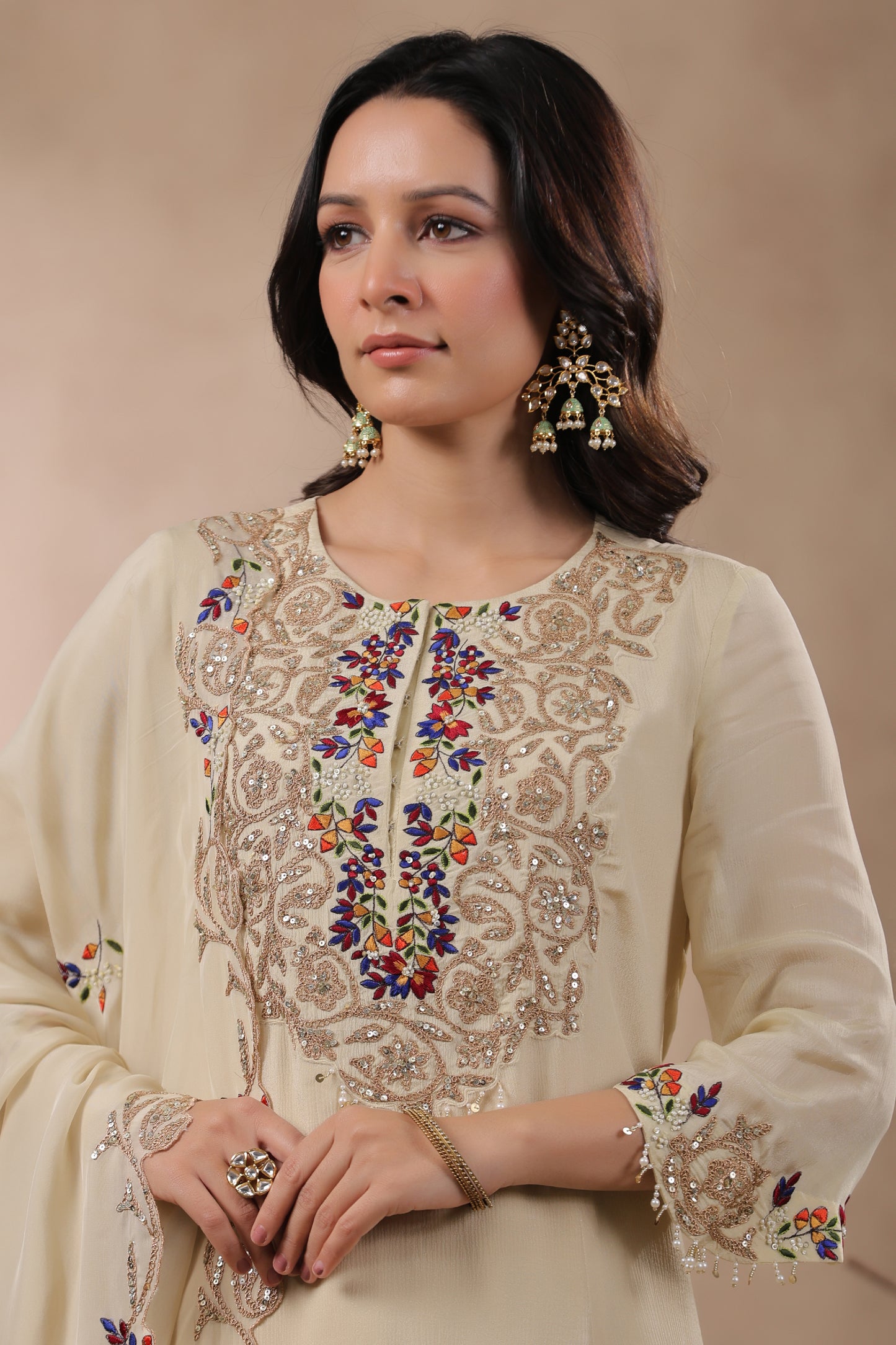 Cream Chinon Kurta with Dhoti Skirt Set