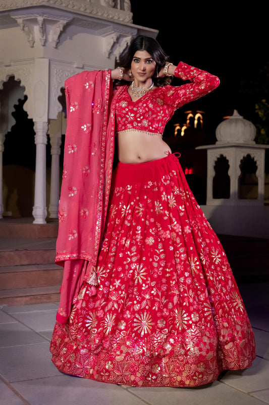 Red Georgette Lehenga with Crop Top