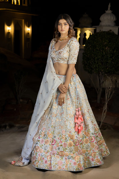 Soft Blue Chinon Lehenga with Crop Top