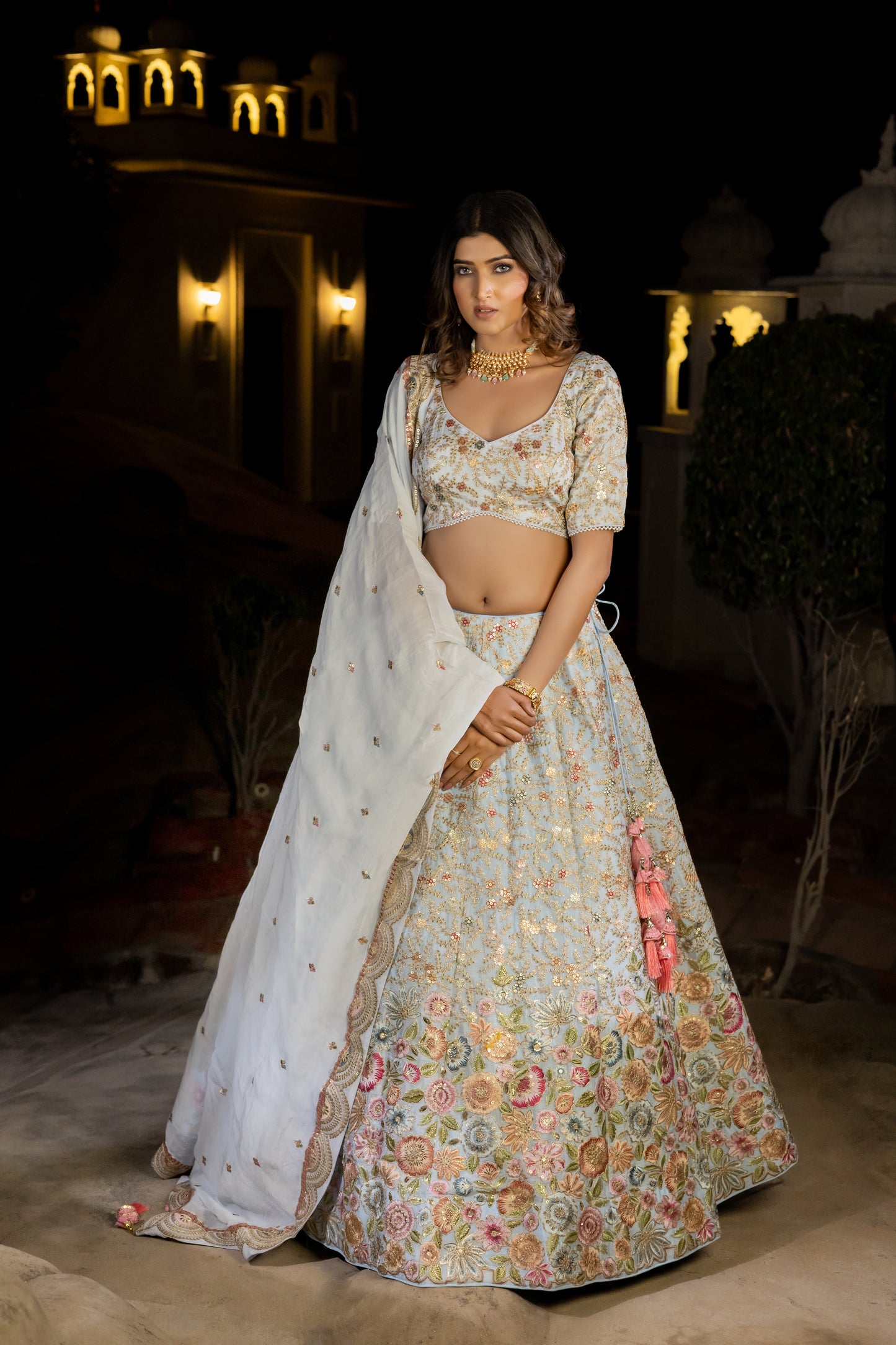 Soft Blue Chinon Lehenga with Crop Top