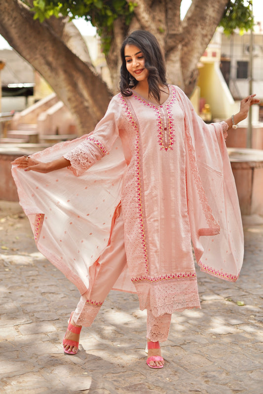 Pink Blossom: Cotton Suit Set with Thread Embroidery