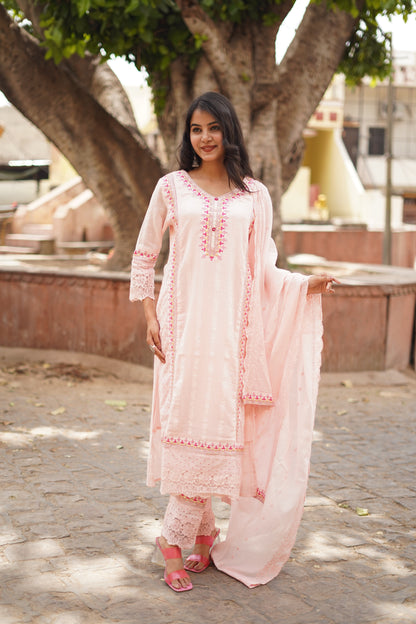 Pink Blossom: Cotton Suit Set with Thread Embroidery