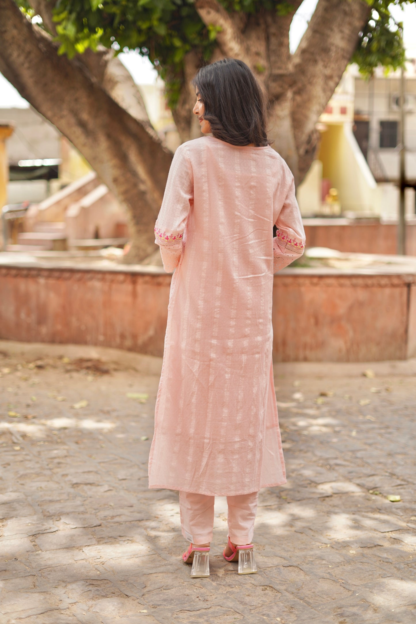 Pink Blossom: Cotton Suit Set with Thread Embroidery