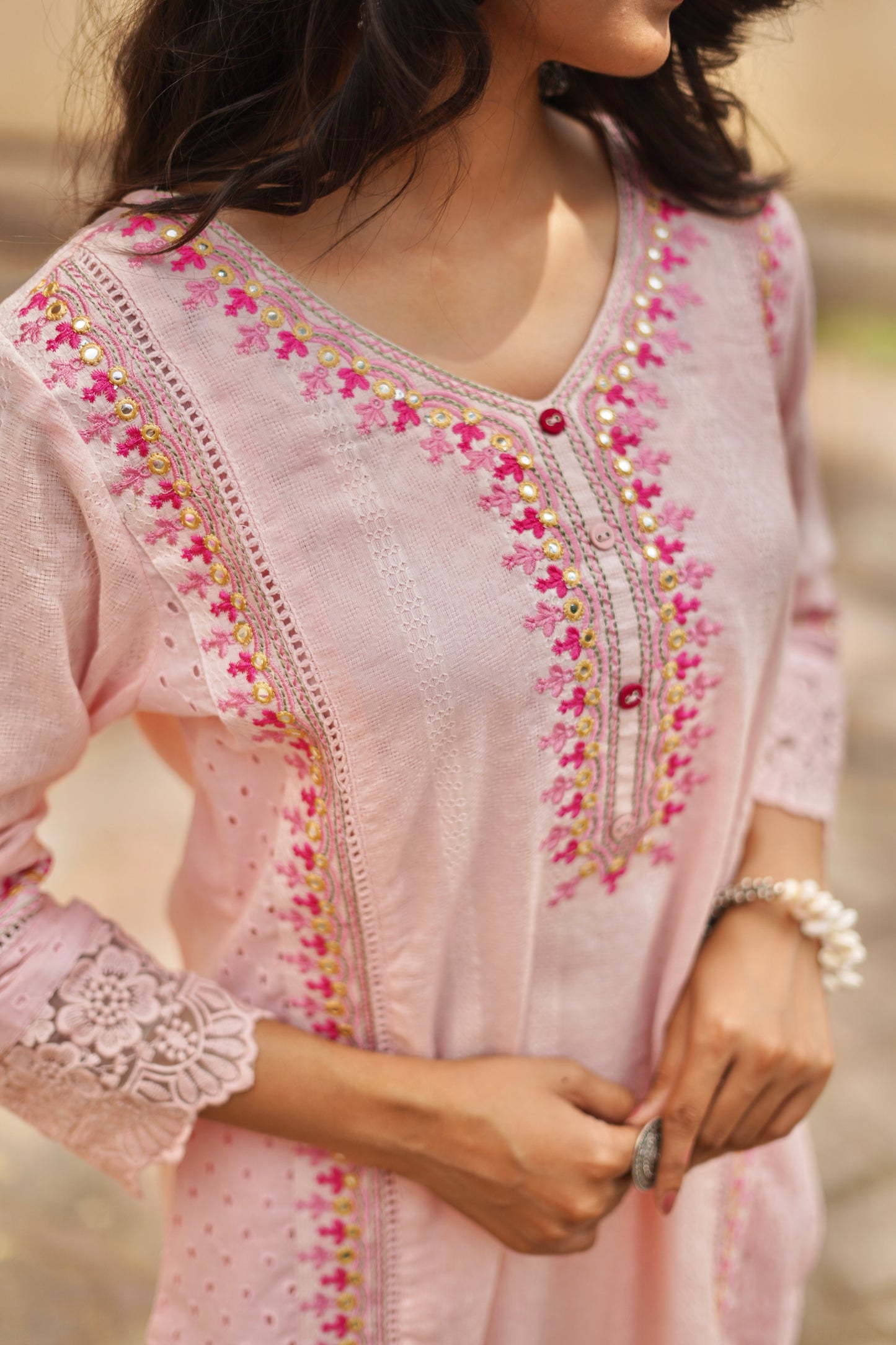 Pink Blossom: Cotton Suit Set with Thread Embroidery