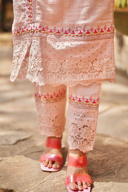 Pink Blossom: Cotton Suit Set with Thread Embroidery