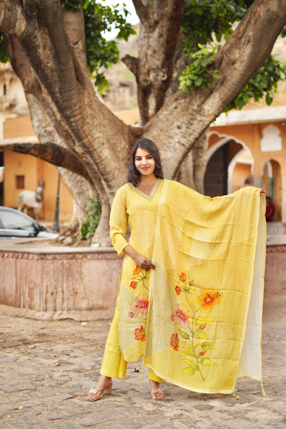 Sunshine Blossom: Yellow Printed Muslin Suit Set