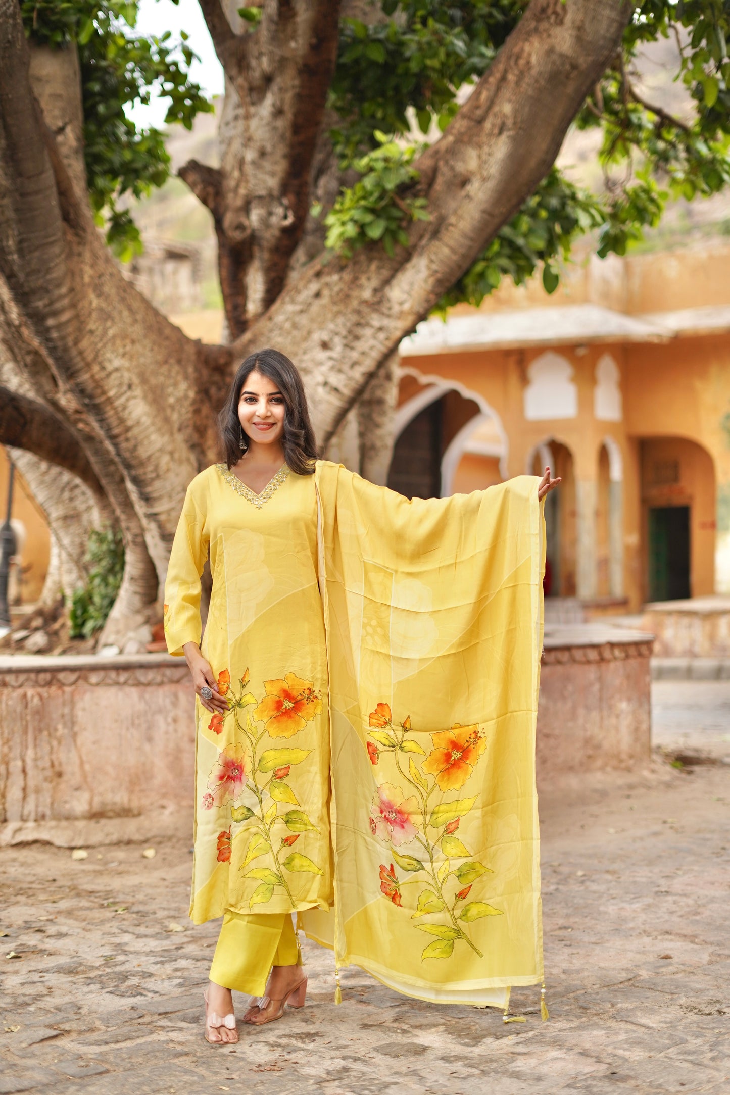 Sunshine Blossom: Yellow Printed Muslin Suit Set