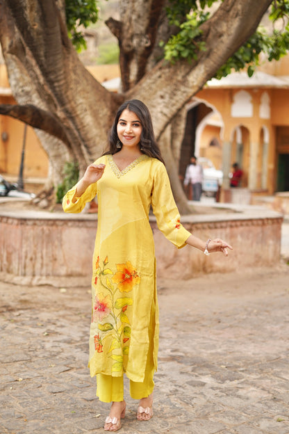 Sunshine Blossom: Yellow Printed Muslin Suit Set