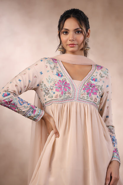 Peach Chinon Peplum with Gharara Set