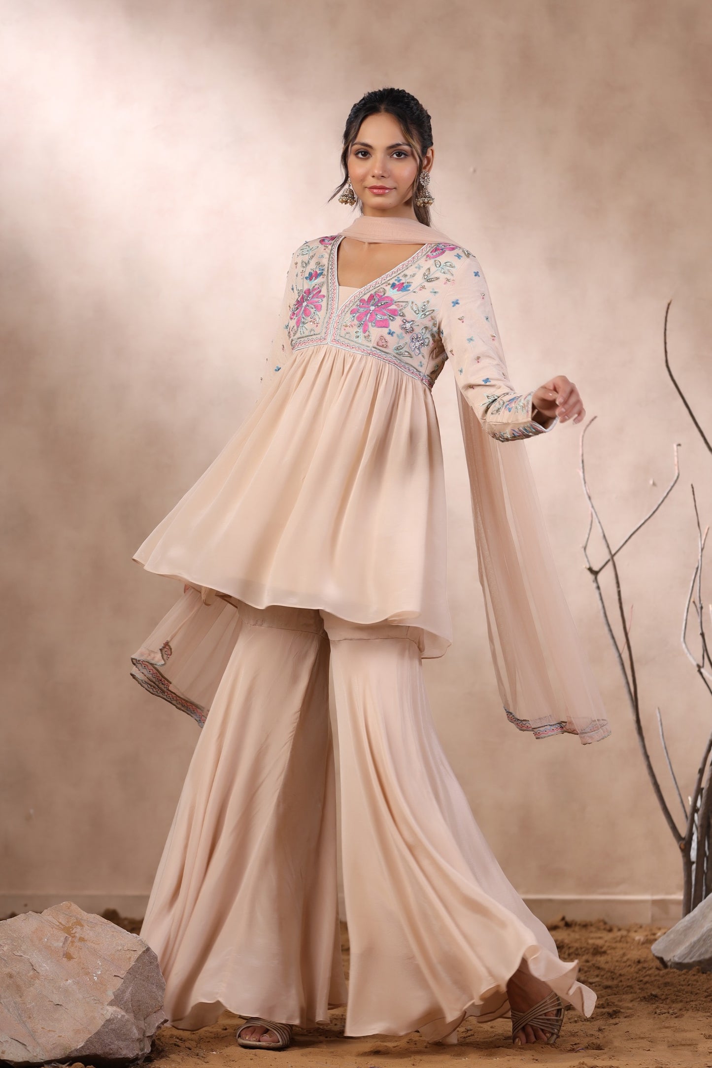 Peach Chinon Peplum with Gharara Set