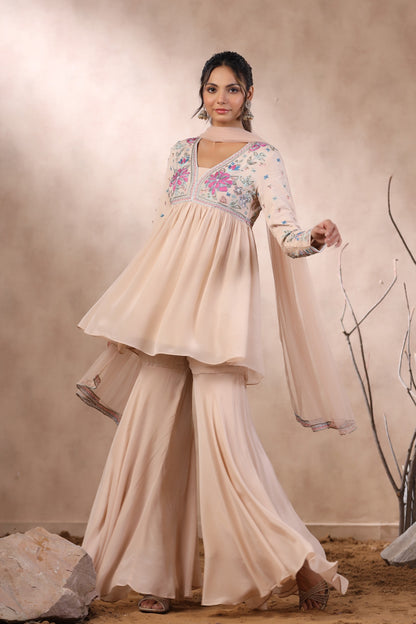 Peach Chinon Peplum with Gharara Set