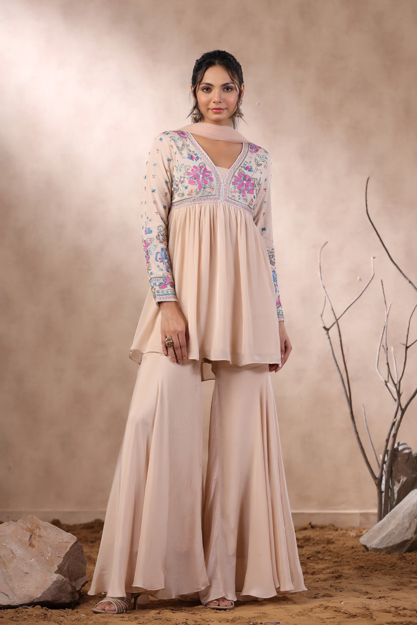 Peach Chinon Peplum with Gharara Set