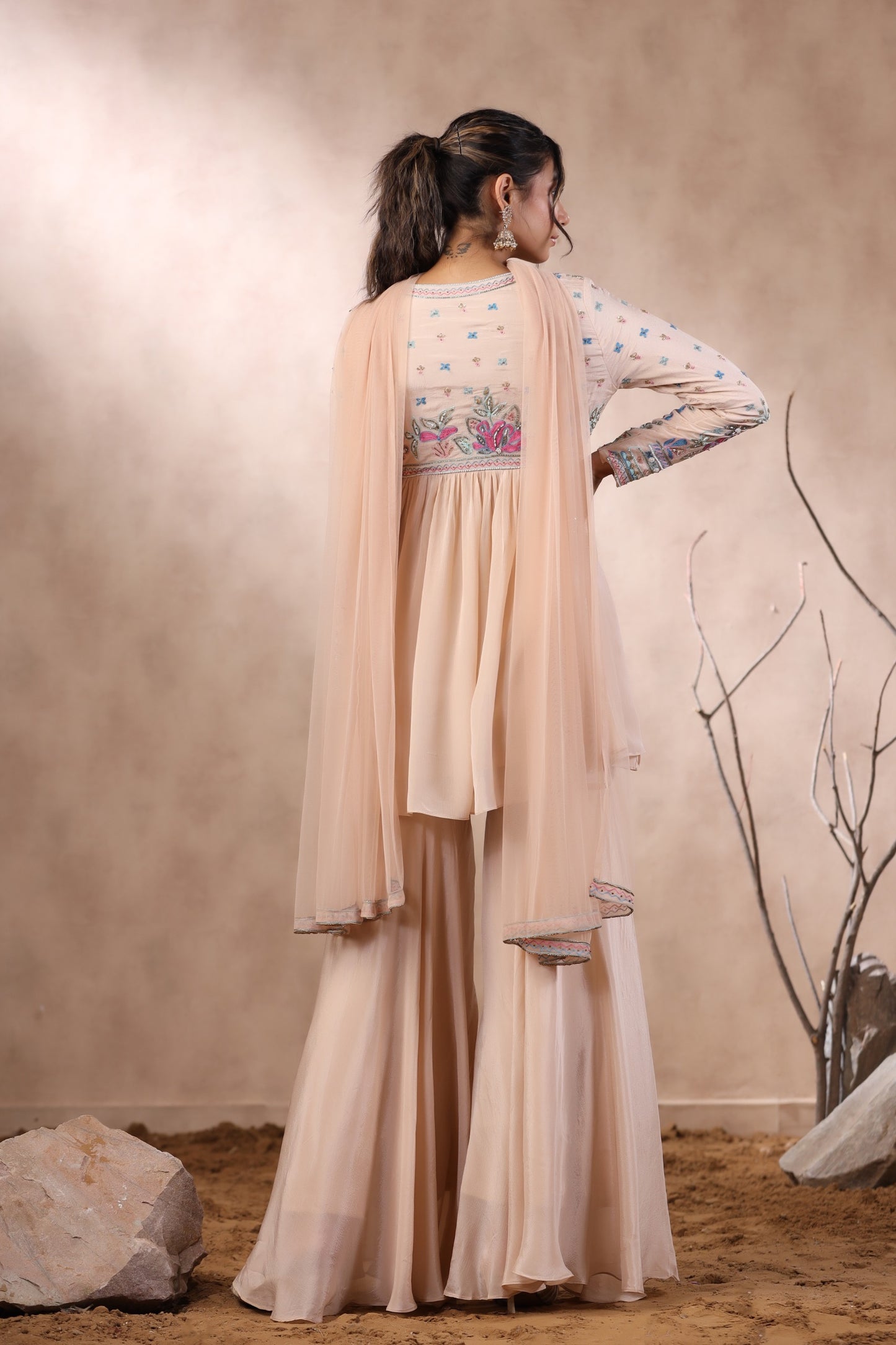 Peach Chinon Peplum with Gharara Set