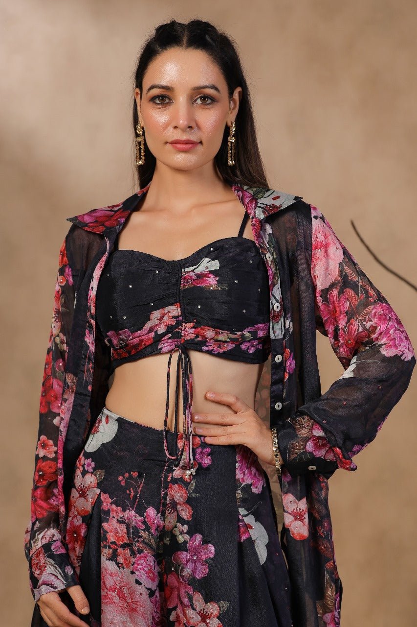 Black Floral Printed Shrug Set - Zarkan