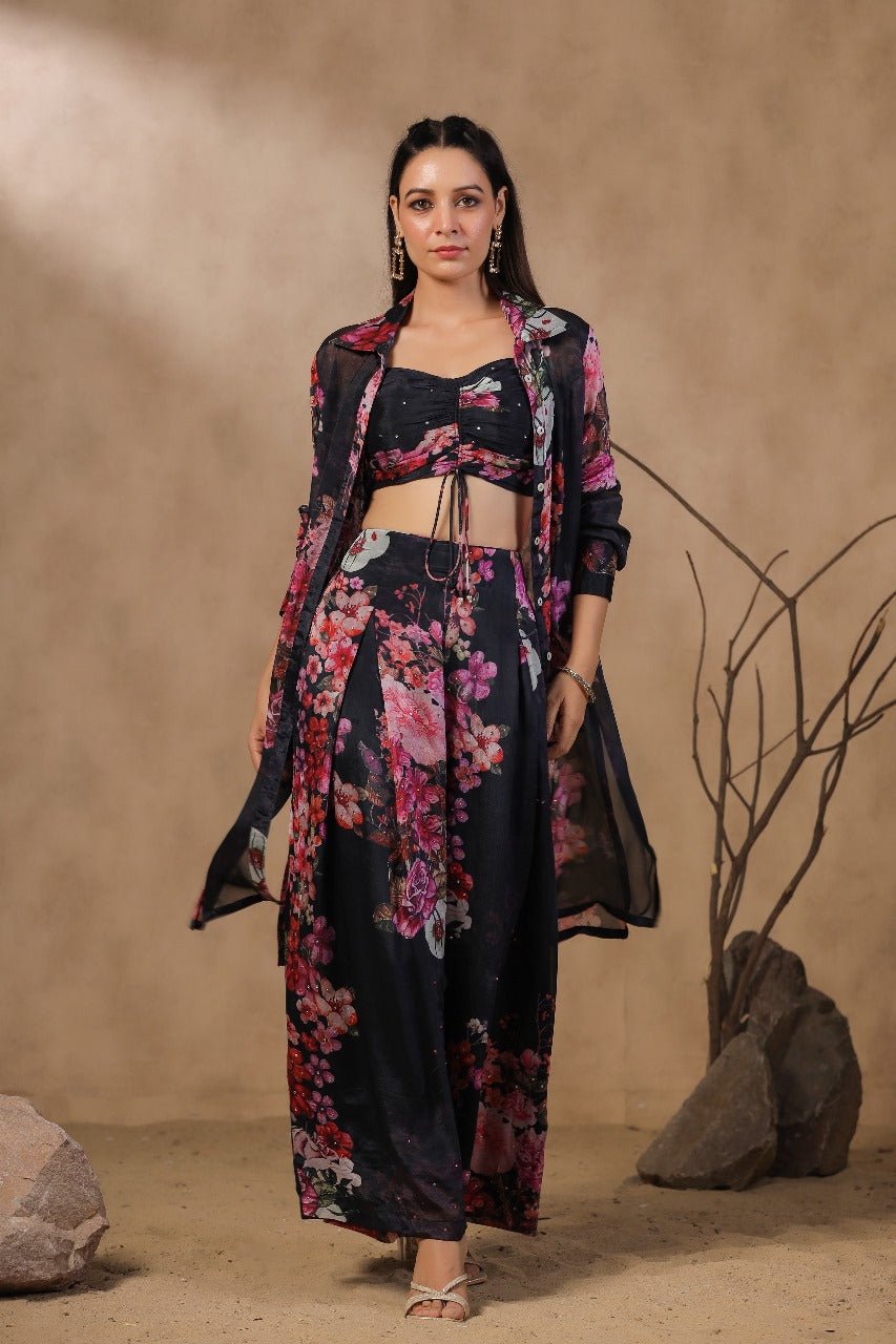 Black Floral Printed Shrug Set - Zarkan