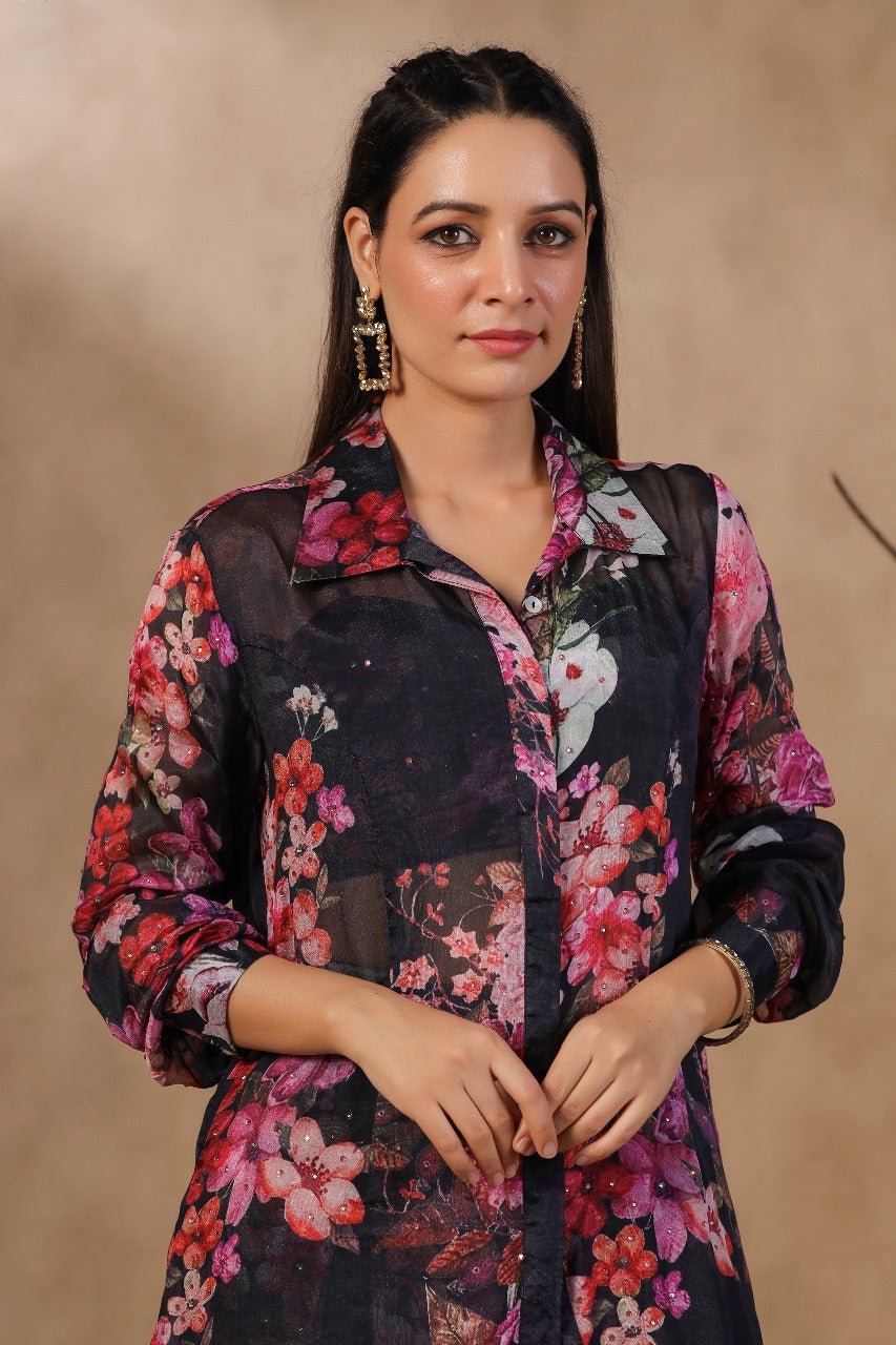 Black Floral Printed Shrug Set - Zarkan