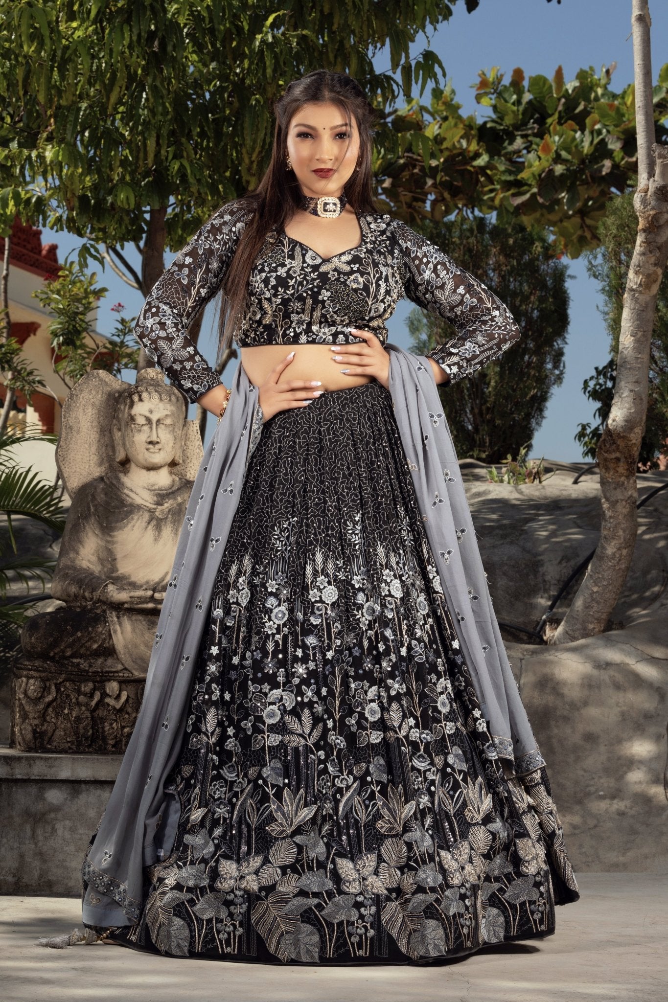 Black Georgette Lehenga with Crop Top - Zarkan