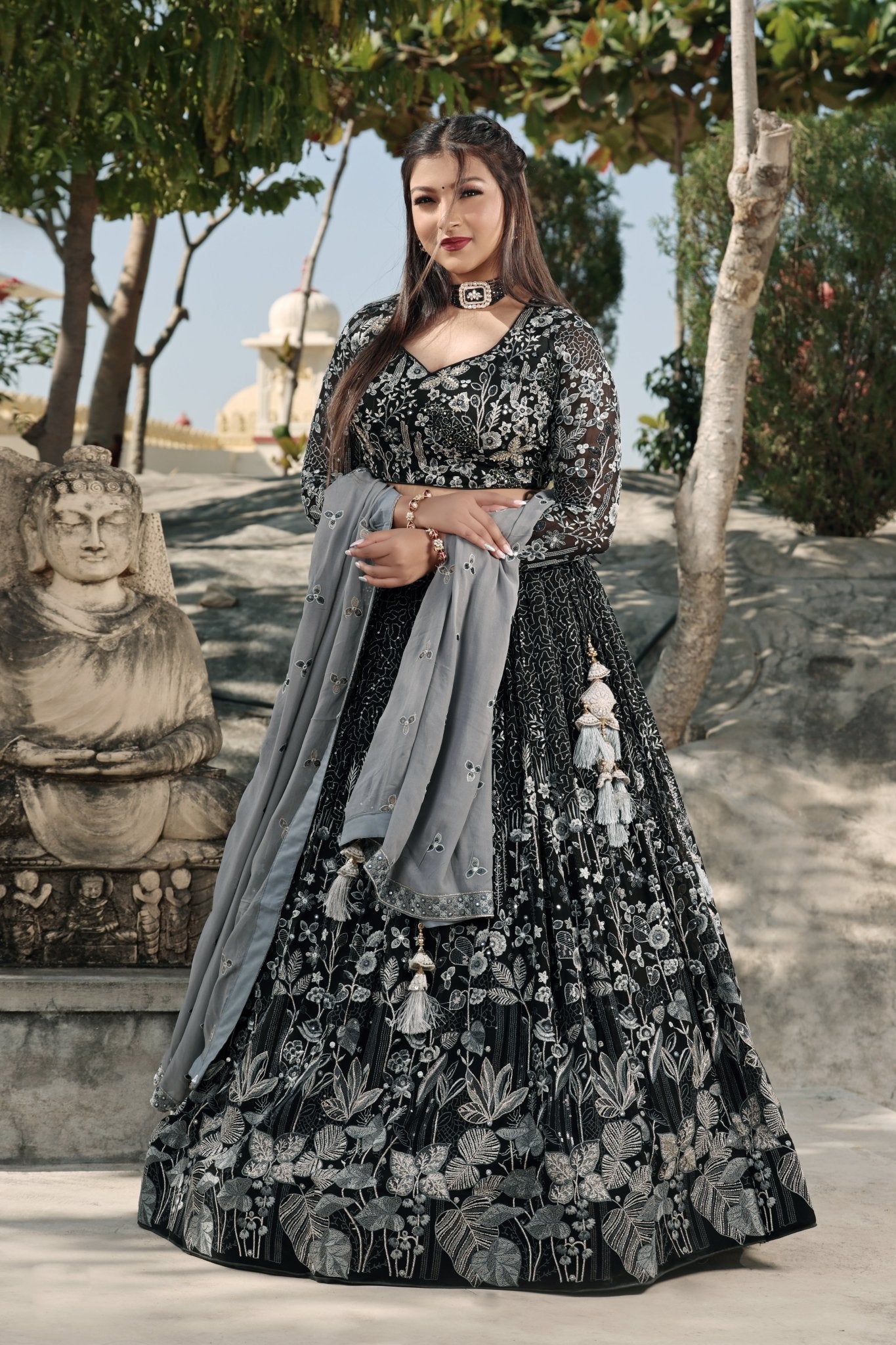 Black Georgette Lehenga with Crop Top - Zarkan