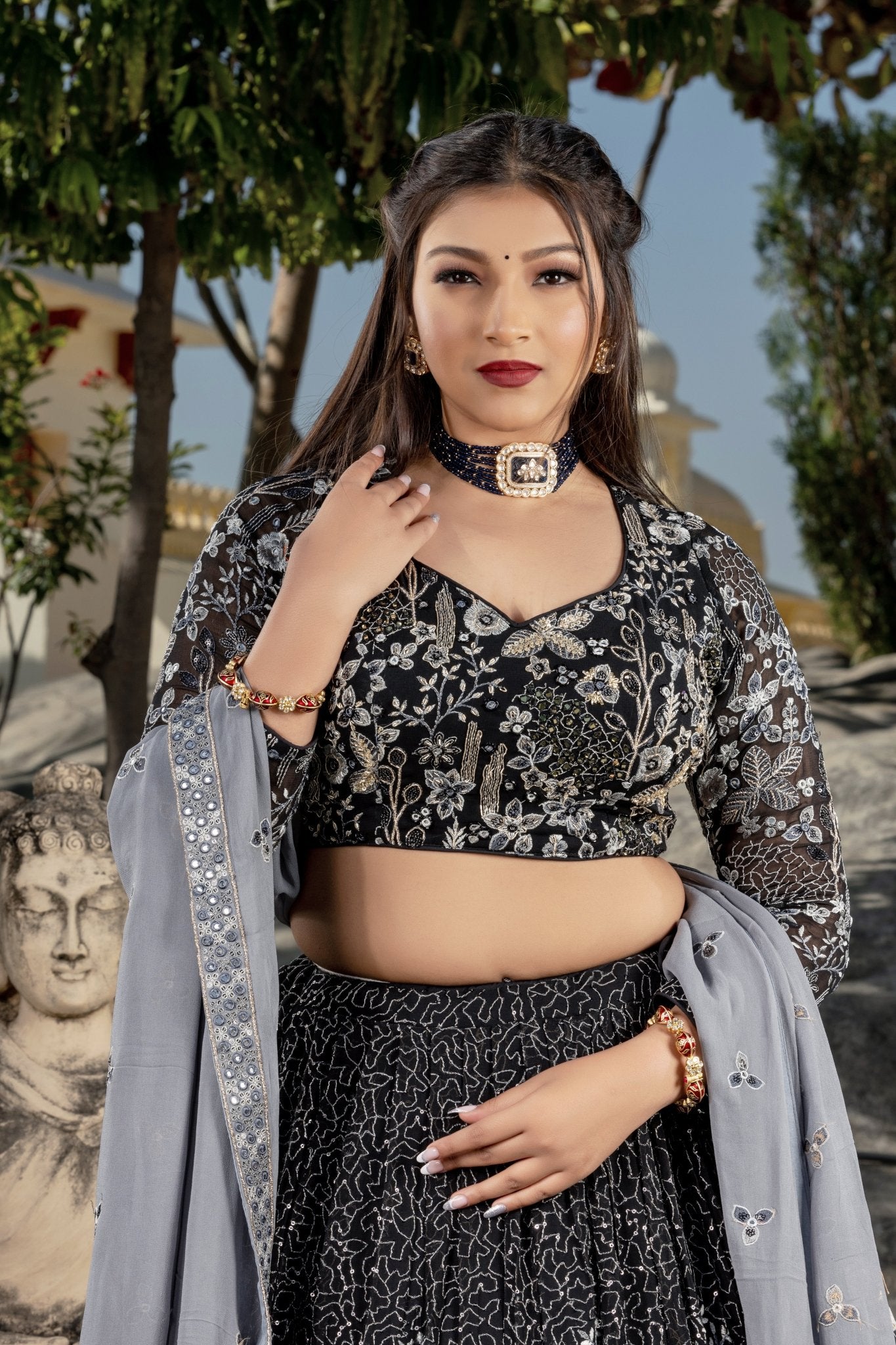 Black Georgette Lehenga with Crop Top - Zarkan