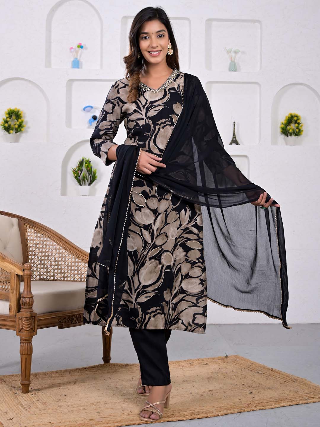 Black Printed Muslin Suit Set - Zarkan