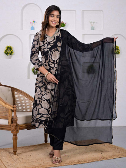 Black Printed Muslin Suit Set - Zarkan