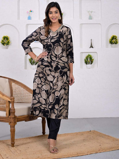 Black Printed Muslin Suit Set - Zarkan