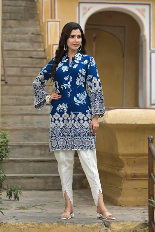 Blue Floral Embroidered Co-ord Set - Zarkan