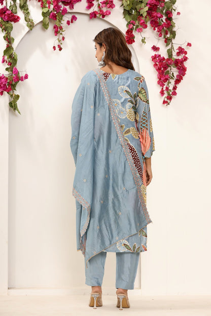 Blue Printed Muslin Suit Set - Zarkan