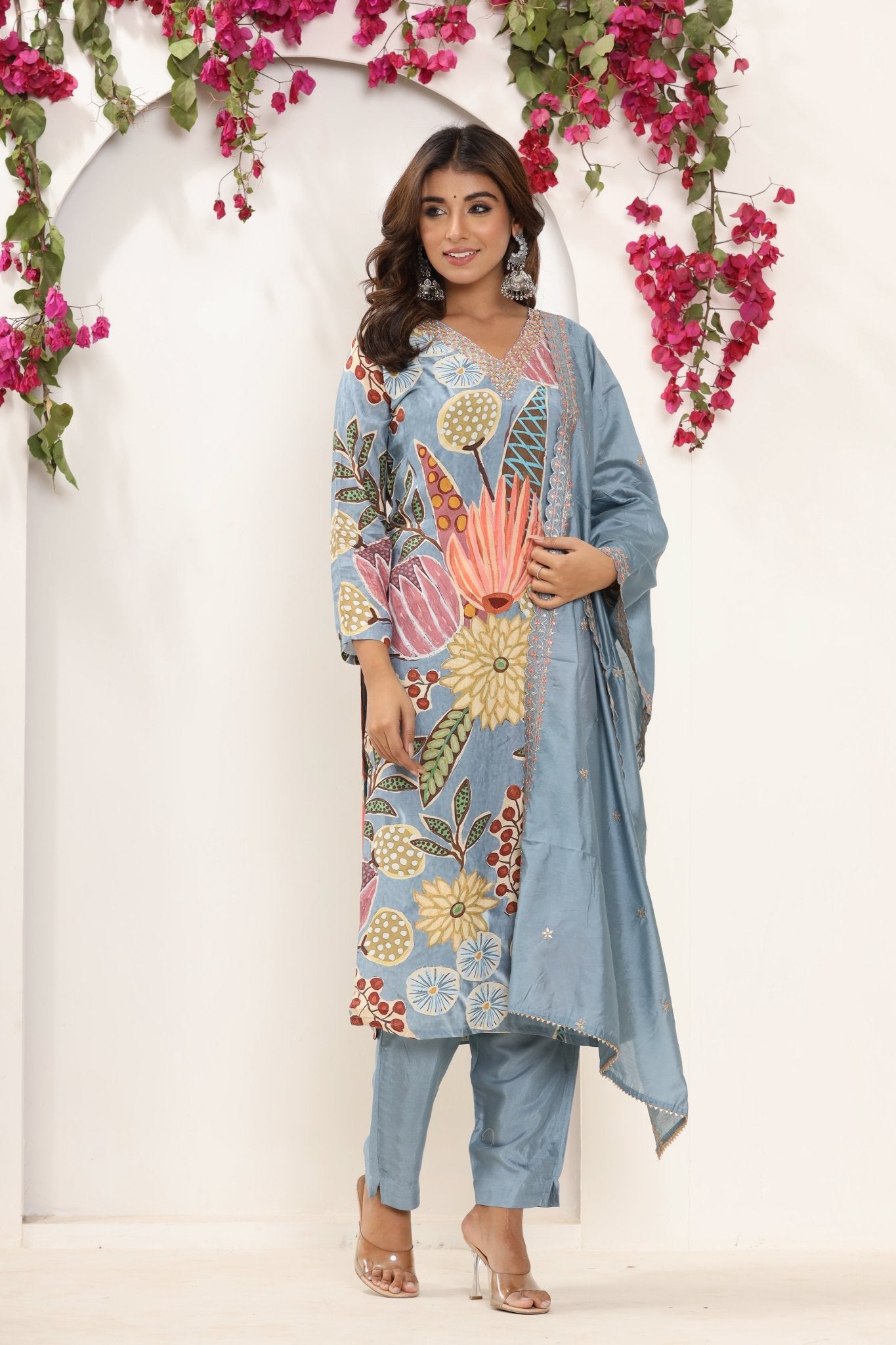 Blue Printed Muslin Suit Set - Zarkan