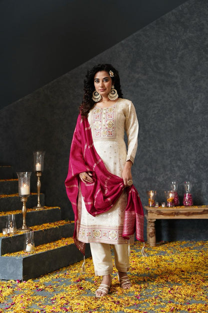 Cream Banarasi Tissue Crepe Suit Set - Zarkan