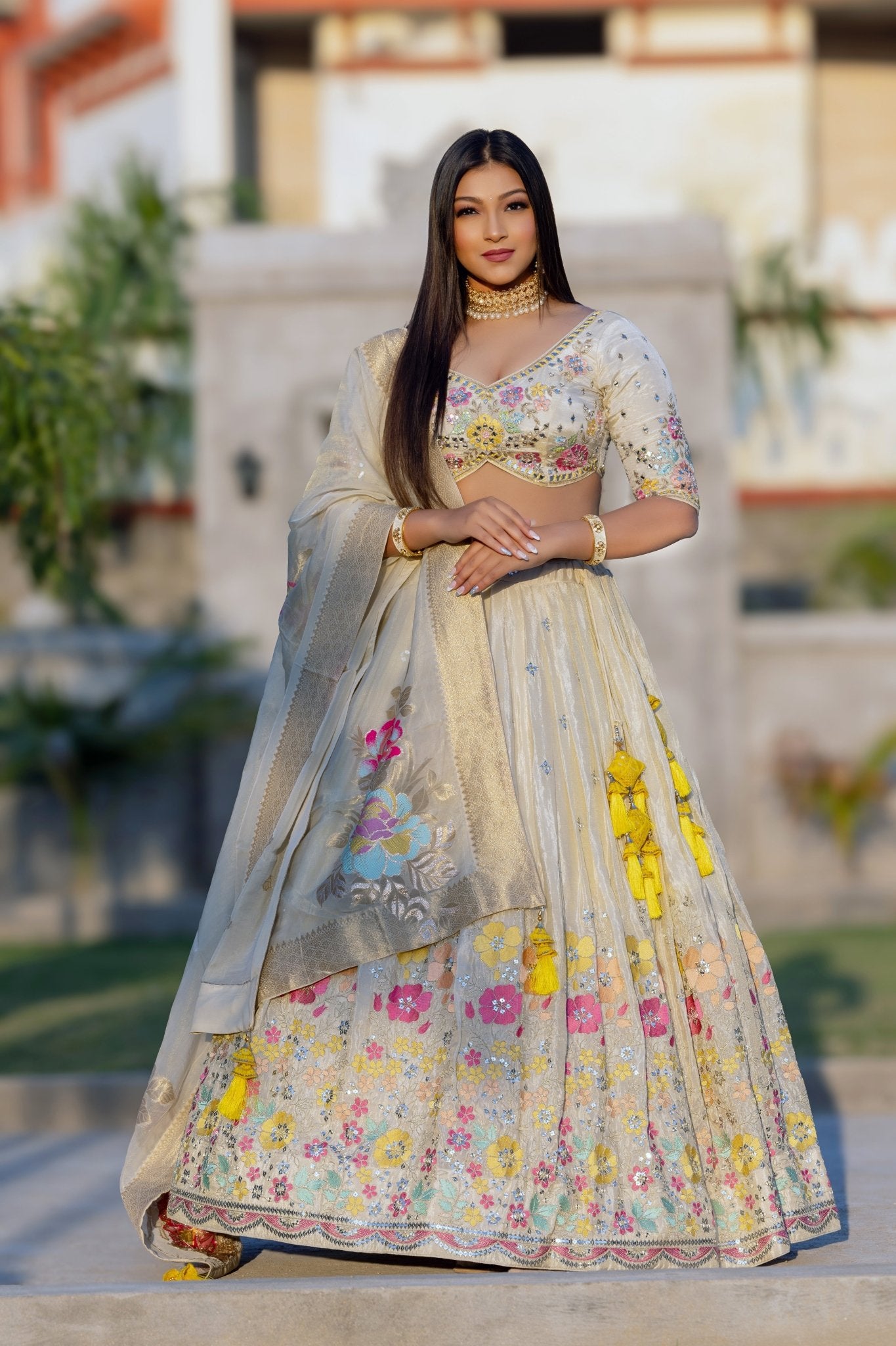 Cream Crepe Tissue Lehenga with Crop Top - Zarkan