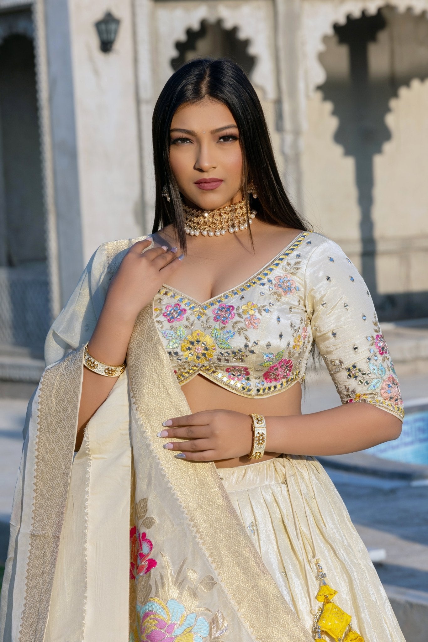 Cream Crepe Tissue Lehenga with Crop Top - Zarkan