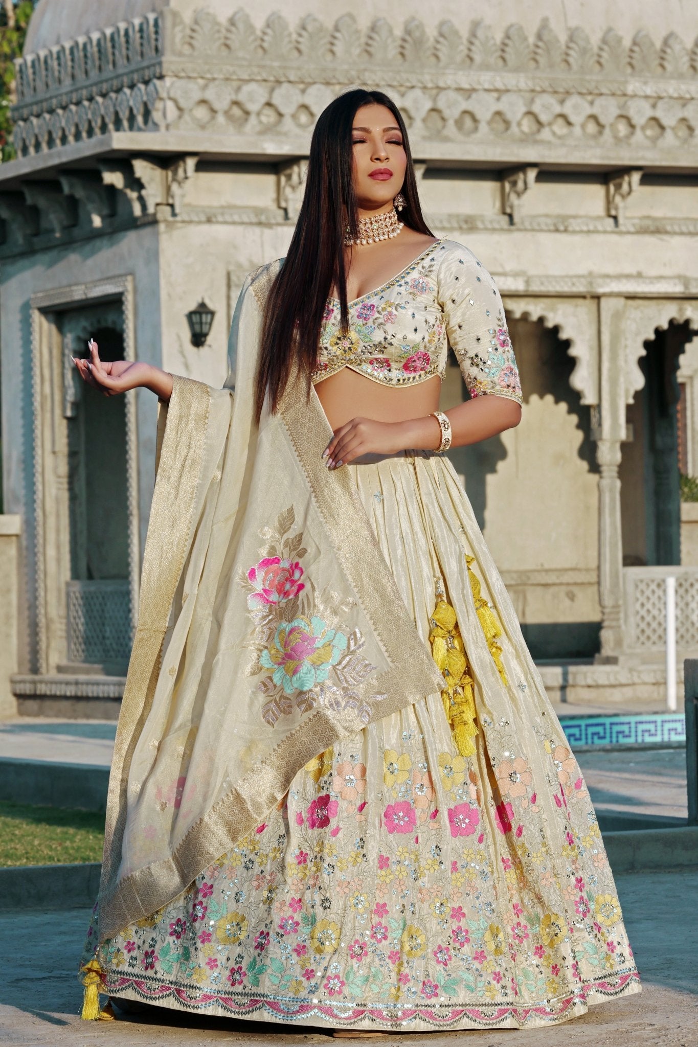 Cream Crepe Tissue Lehenga with Crop Top - Zarkan