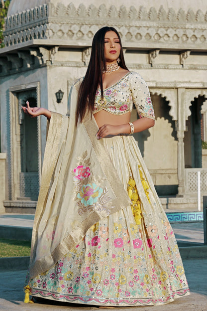 Cream Crepe Tissue Lehenga with Crop Top - Zarkan