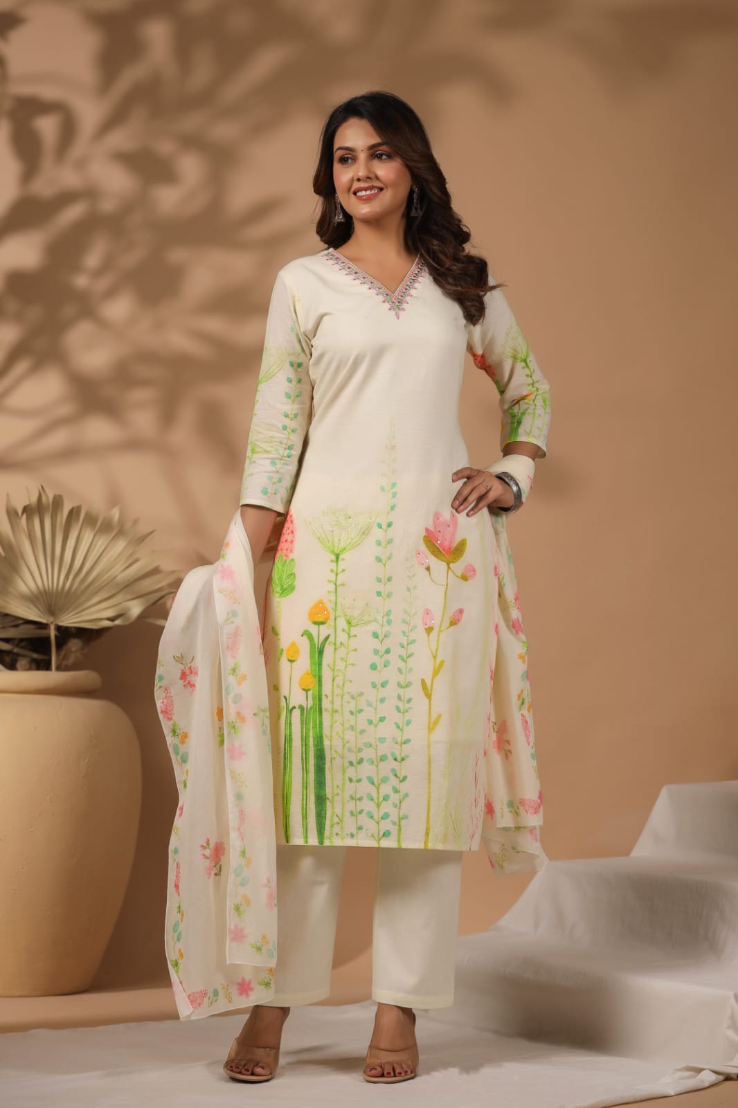 Cream Digital Printed Linen Suit Set - Zarkan