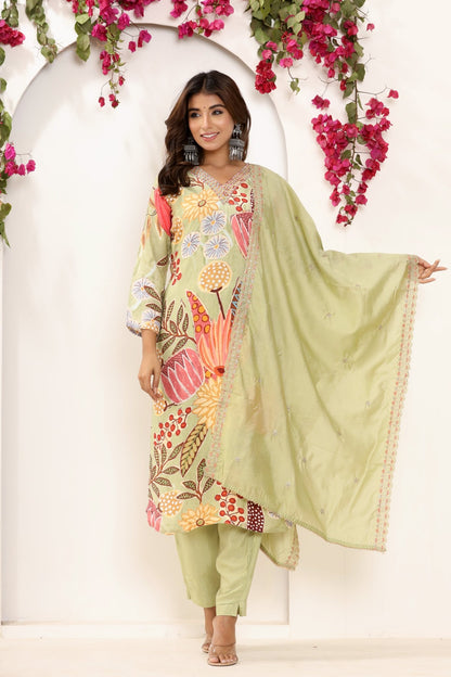 Green Printed Muslin Suit Set - Zarkan