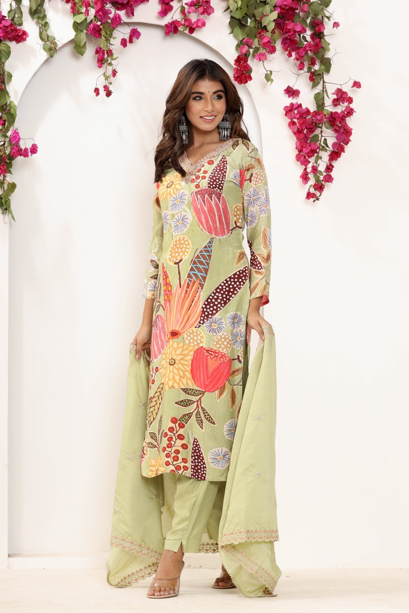 Green Printed Muslin Suit Set - Zarkan