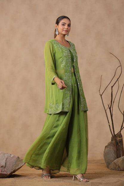 Green Thread Embroidery Crop Top Shrug Set - Zarkan