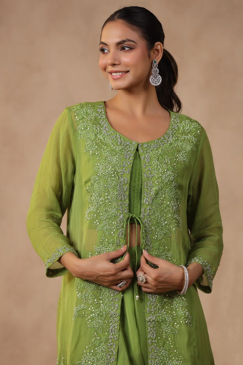 Green Thread Embroidery Crop Top Shrug Set - Zarkan