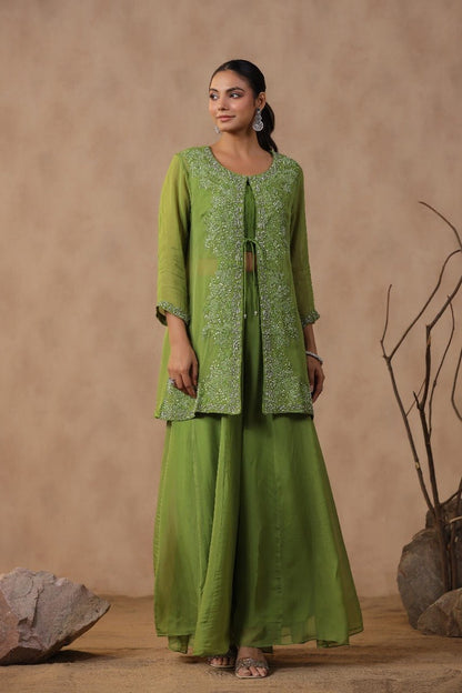 Green Thread Embroidery Crop Top Shrug Set - Zarkan