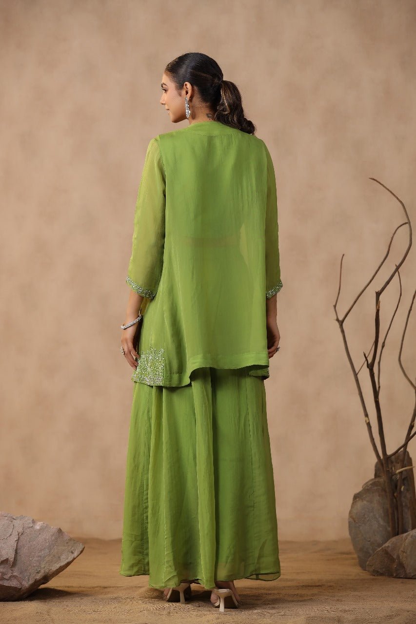 Green Thread Embroidery Crop Top Shrug Set - Zarkan