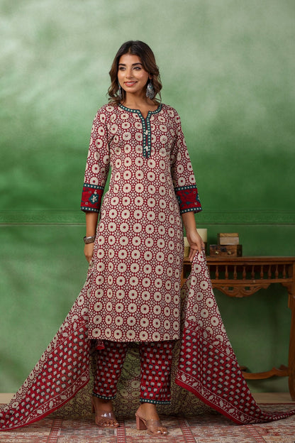 Maroon Cotton Printed Suit Set - Zarkan