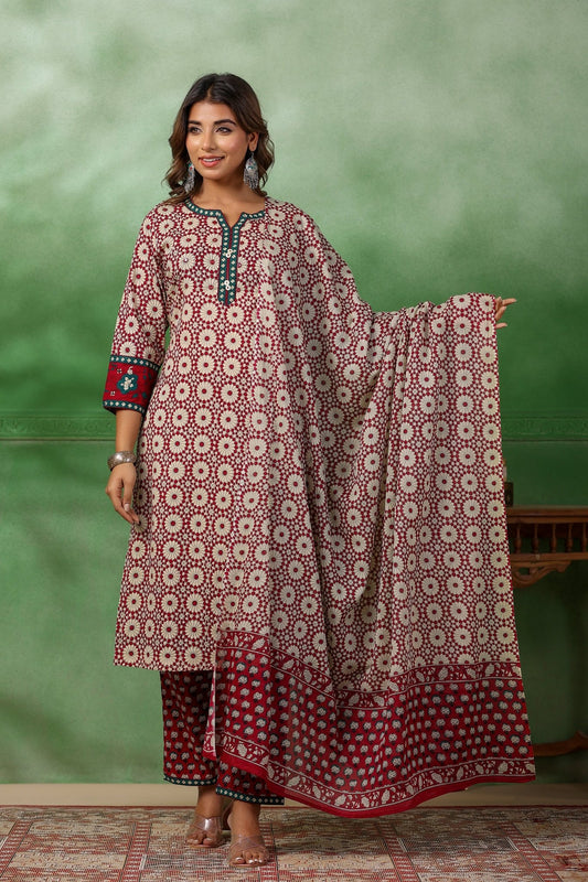 Maroon Cotton Printed Suit Set - Zarkan