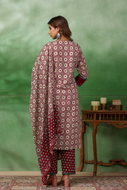 Maroon Cotton Printed Suit Set - Zarkan